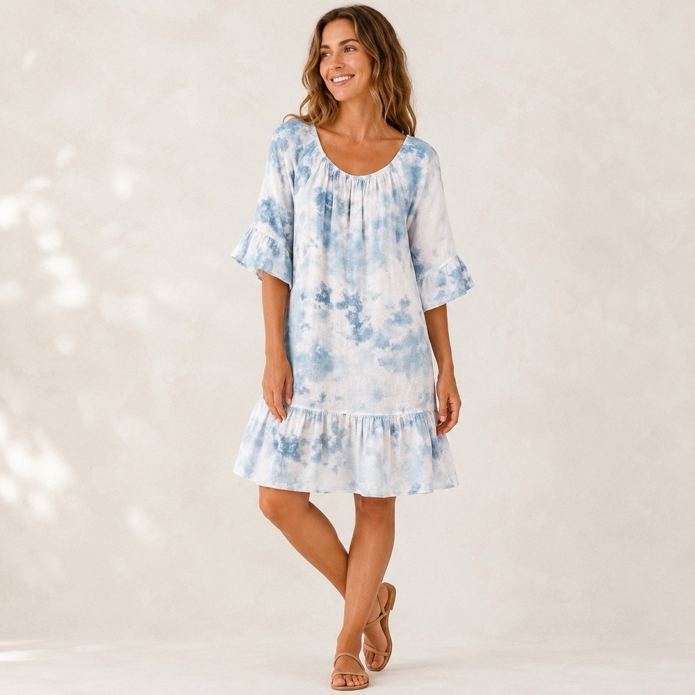 Francesca Bettini Linen Dress L Blue White Abstract Sky Print Made Italy Coastal